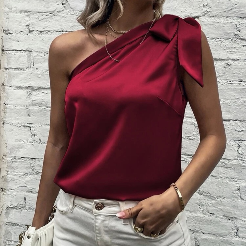 Satin silky one shoulder bow blouse tank top light pink - Picture 11 of 11